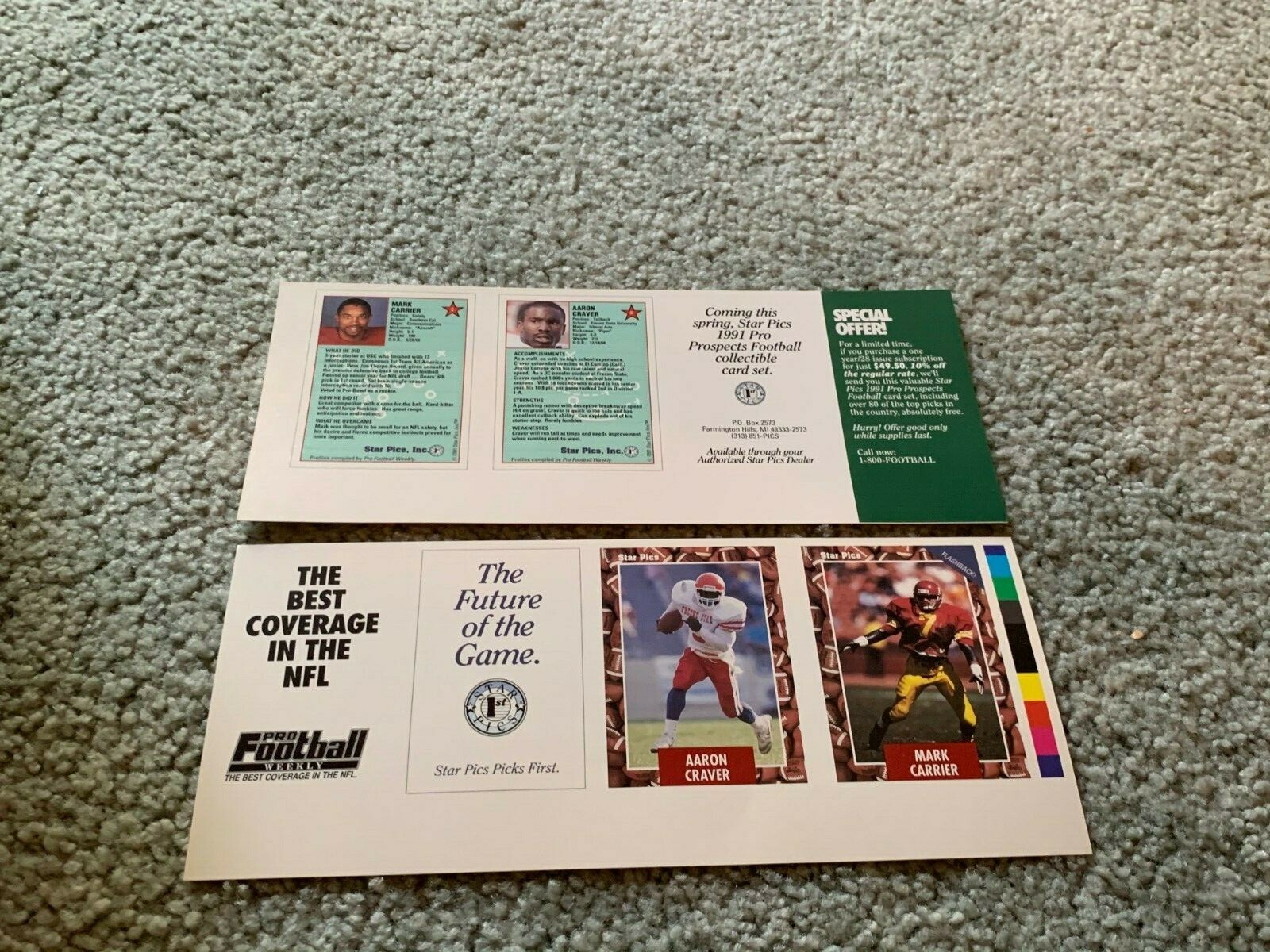 1991 Star Pics Football Promo Card Panel Mark Carrier USC Trojans Aaron Craver