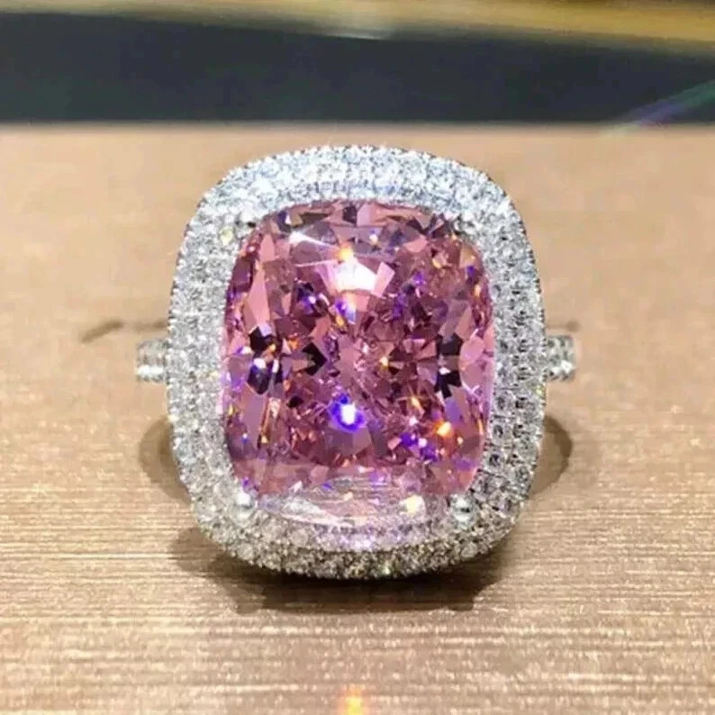8.00Ct Cushion Cut Natural Pink Sapphire Diamond Wedding Ring 14K White Gold 7 8