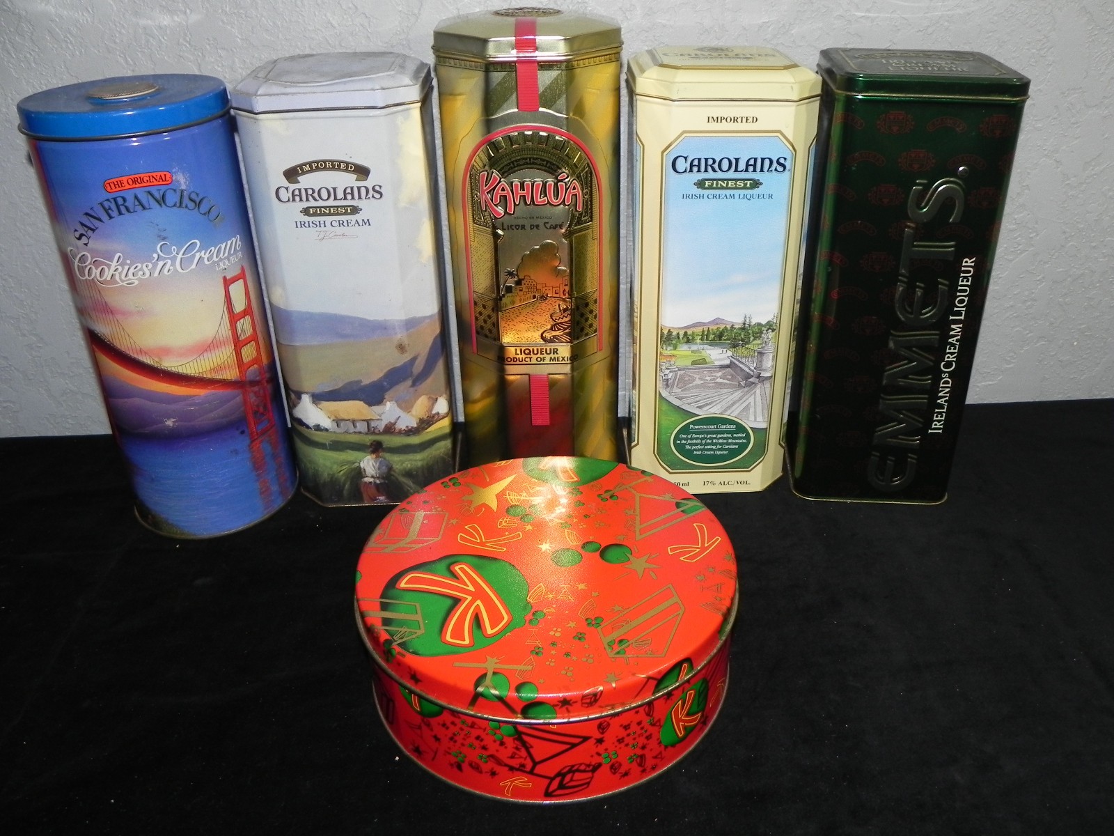 6 Vintage Liquor Tins CAROLANS San Francisco Cookies & Cream KAHLUA Emmets Irish