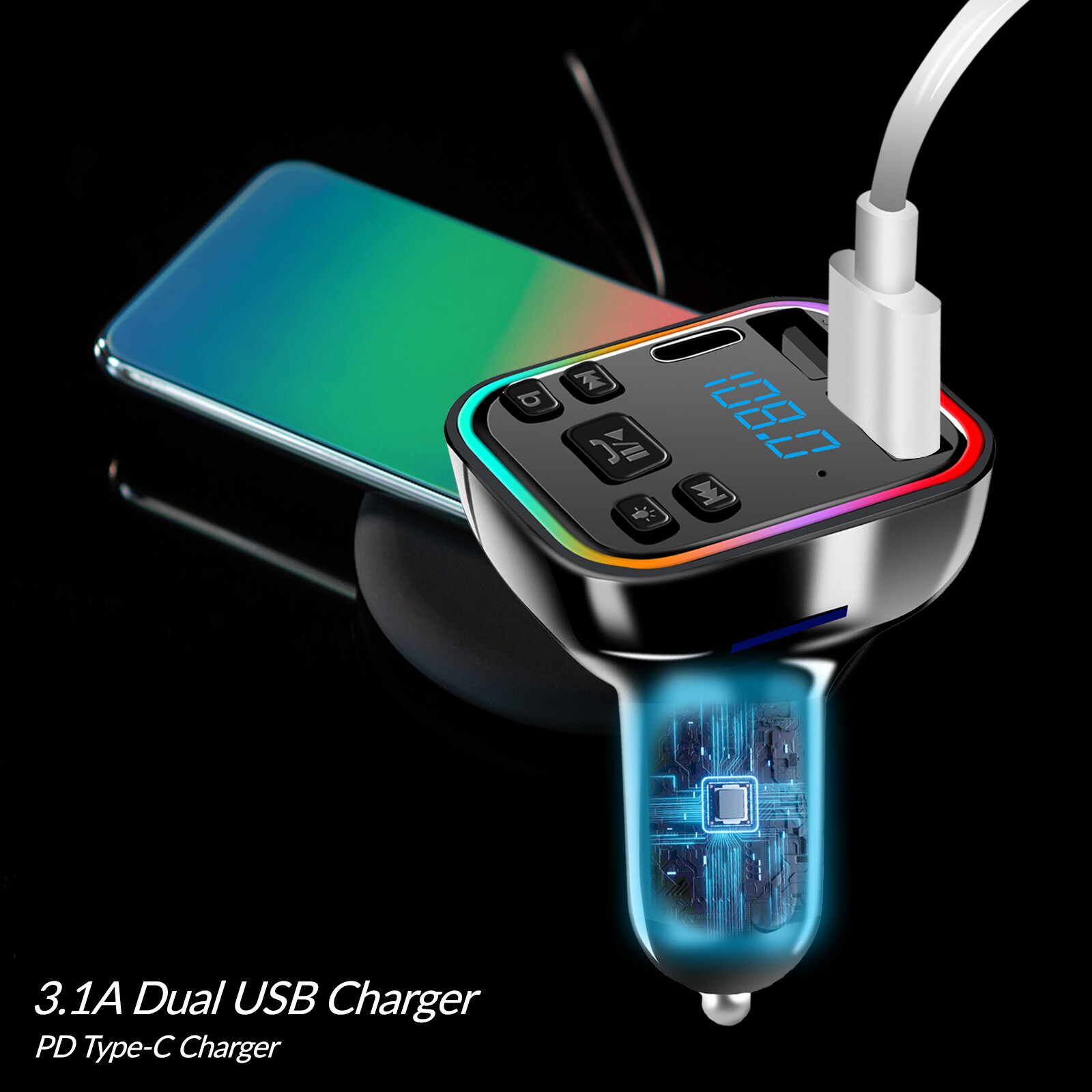 Bluetooth 5.0+ Car BT Wireless FM Transmitter Adapter Hands-Free 2USB PD Charger