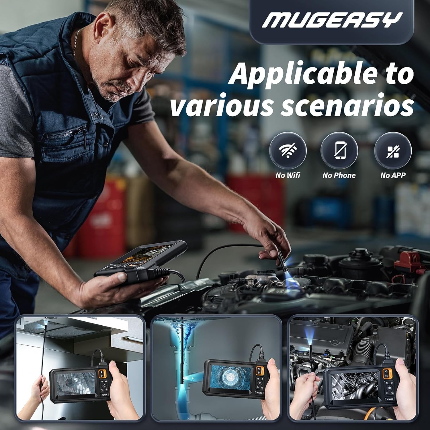 Endoscope with 4.3" Screen, 8 LED Lights, Waterproof