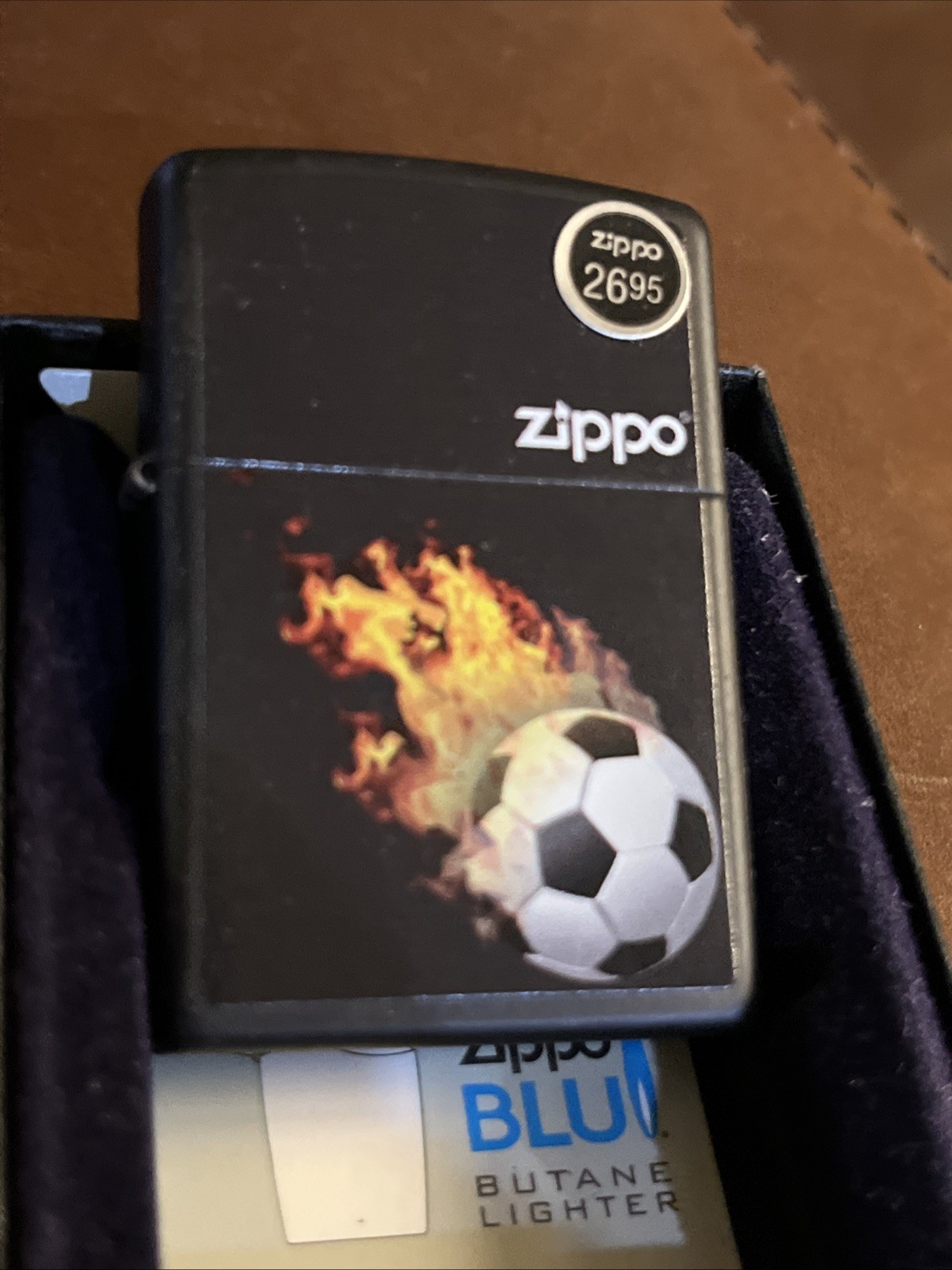 Zippo 28302 FLAMING SOCCER BALL on Black Matte Finish Lighter NEW IN BOX