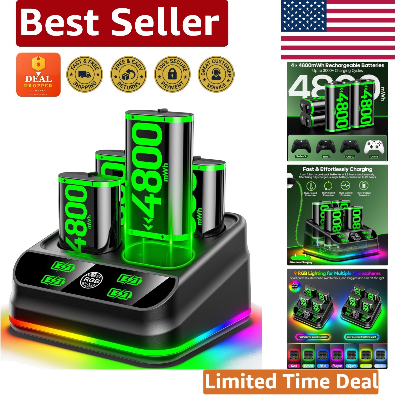 4x4800mWh Rechargeable Battery Pack & Charger for Xbox One/S/X/Elite Controllers