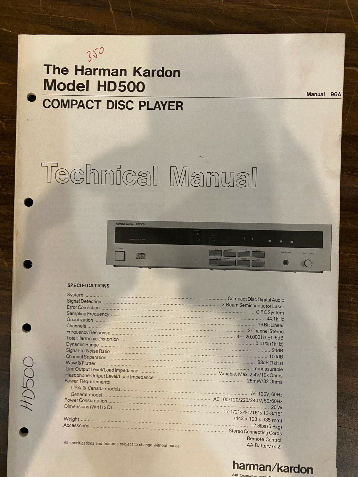 HARMAN KARDON HD500 HD-500 Service Manual *ORIGINAL* BOOK OR PDF-FREE SHIP