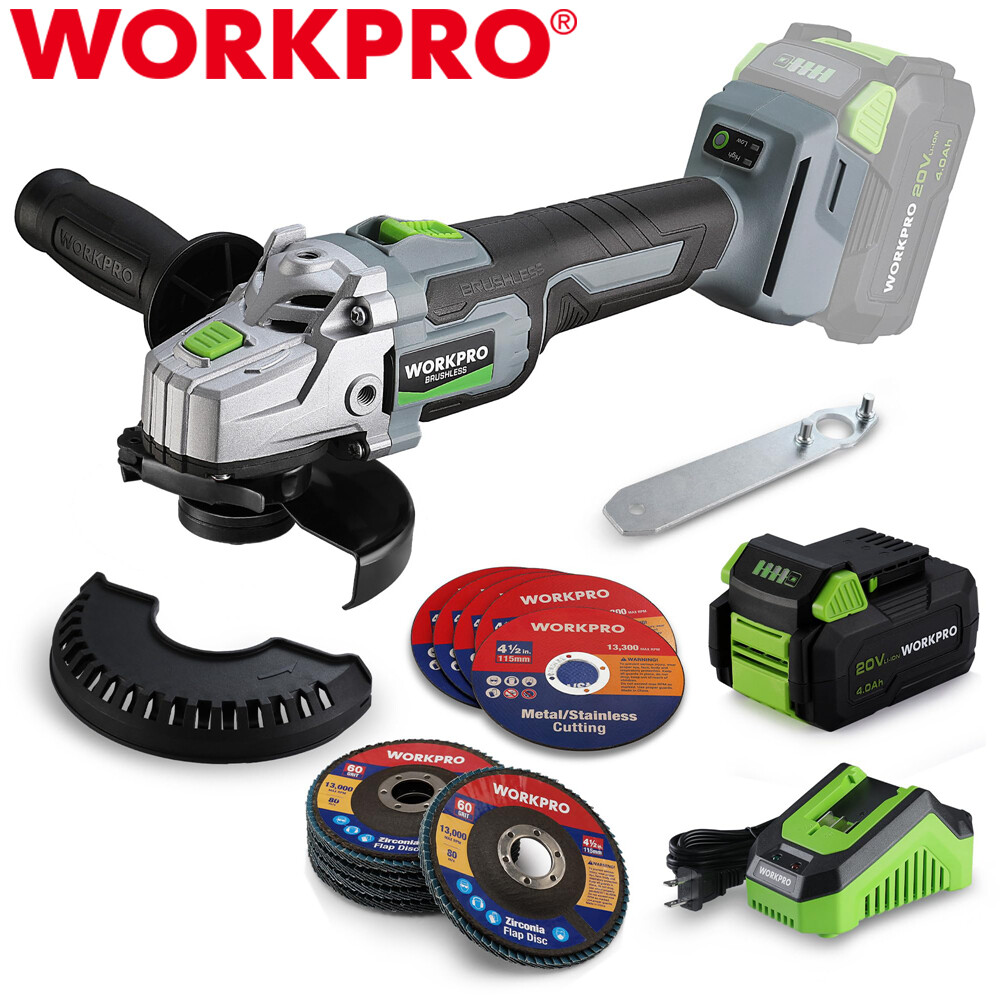 WORKPRO 20V Brushless Motor Cordless Angle Grinder Kits 4-1/2" Disc 4.0A Battery