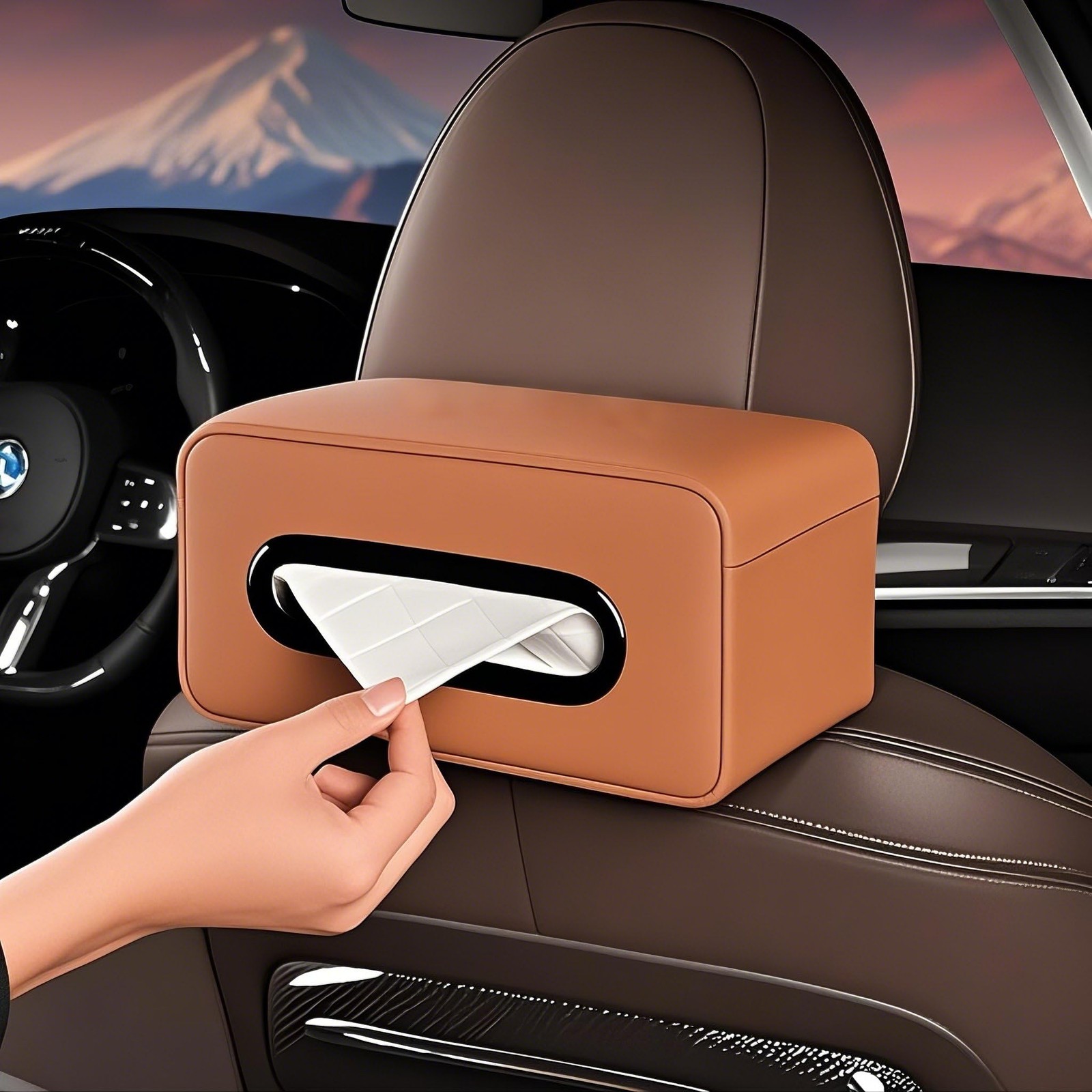1 PCS Car Tissue Holder Universal Soft PU Leather Box OrangeBrown