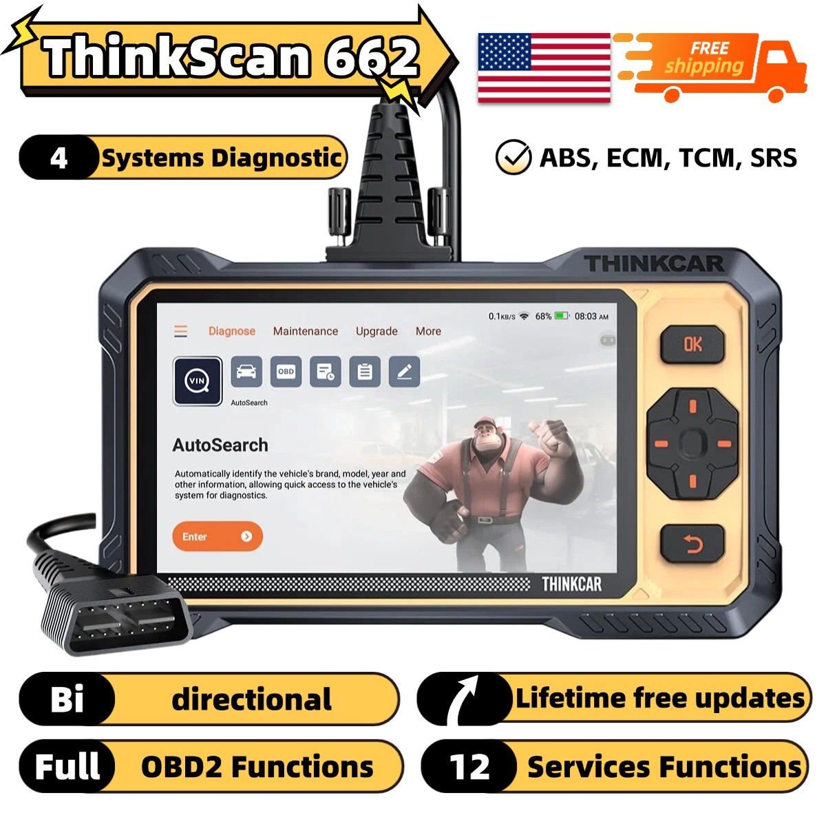 2026 ThinkScan 662 OBD2 Diagnostic Car Scanner Bidirectional 4 System 12+Service