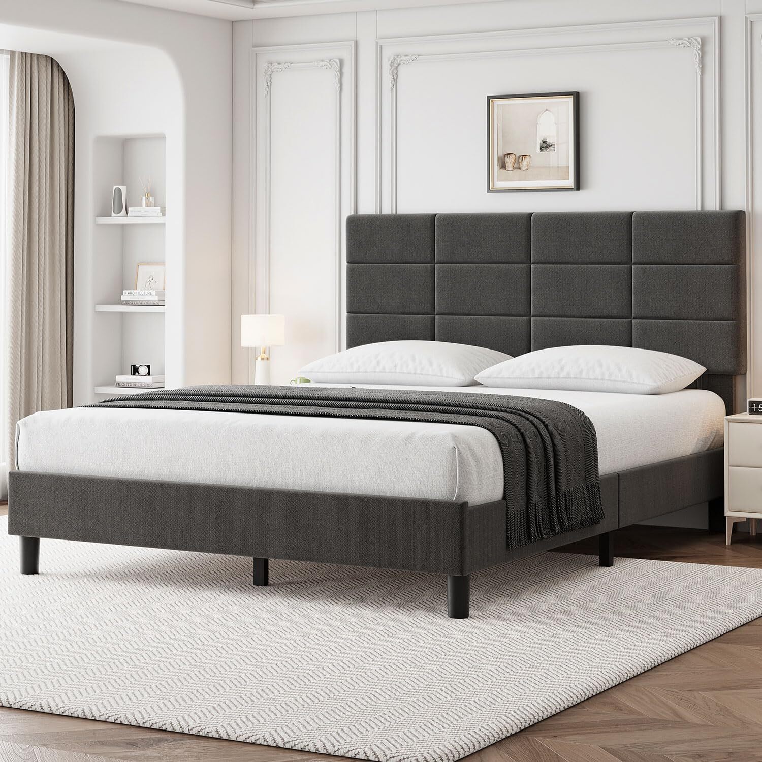 Full Size Bed Frame Headboard ,Modern Upholstered Platform Bed Frame Wood Slats
