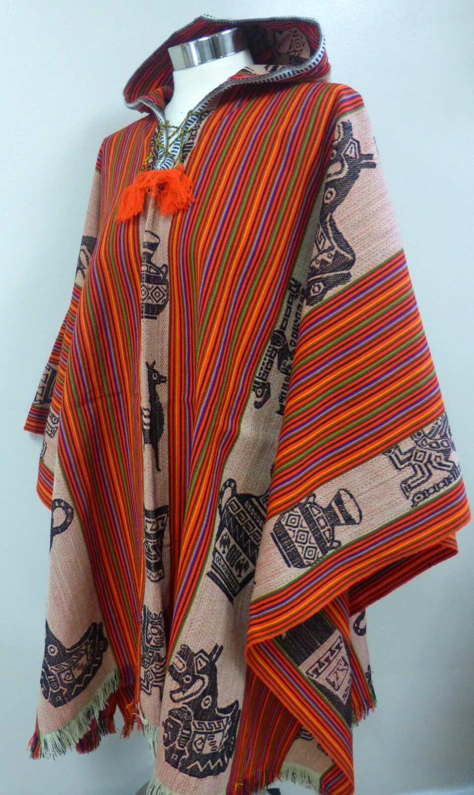 Andean Shamans Hooded Orange Tones with Colored Designs Poncho