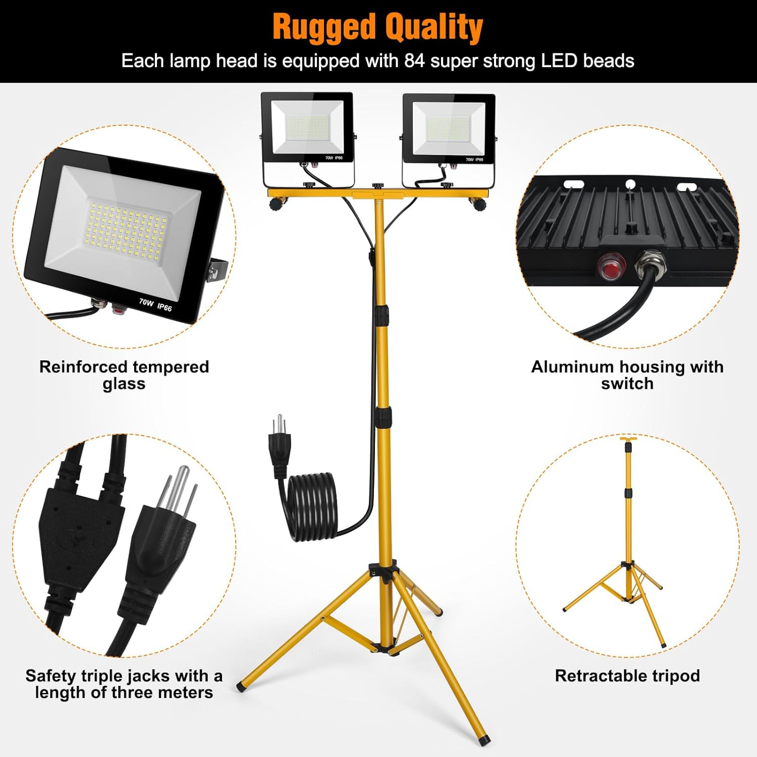 LED Work Lights with Stand, 14000 Lumen, 2-Head Adjustable Work Light, Waterproo