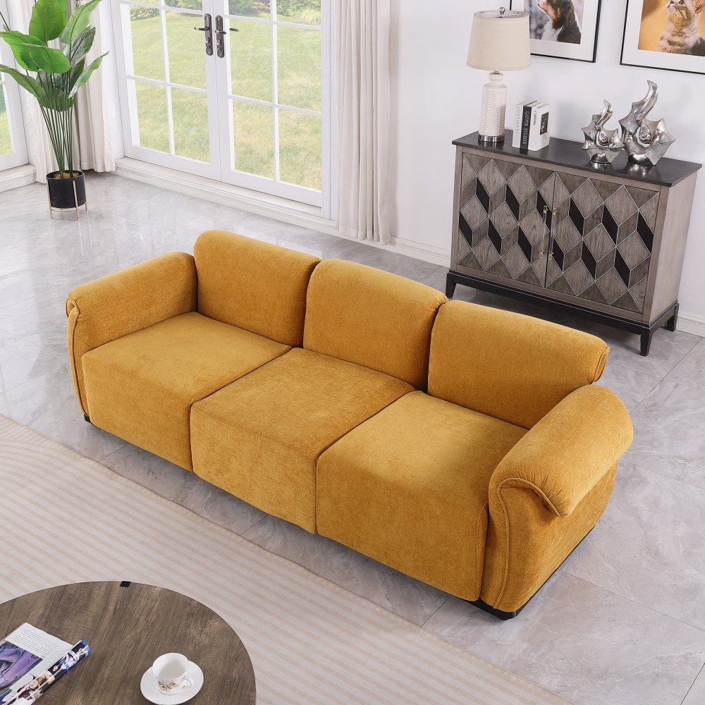 Modern Yellow Chenille 3 Seater Sofa w/ Square Arms - Free Shipping