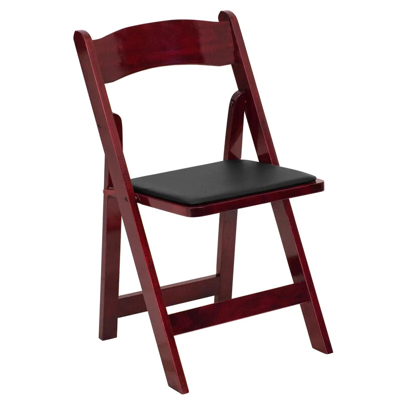 (100 PACK) Mahogany Wood Folding Chair w/Black Vinyl Padded Seat - Wedding Chair