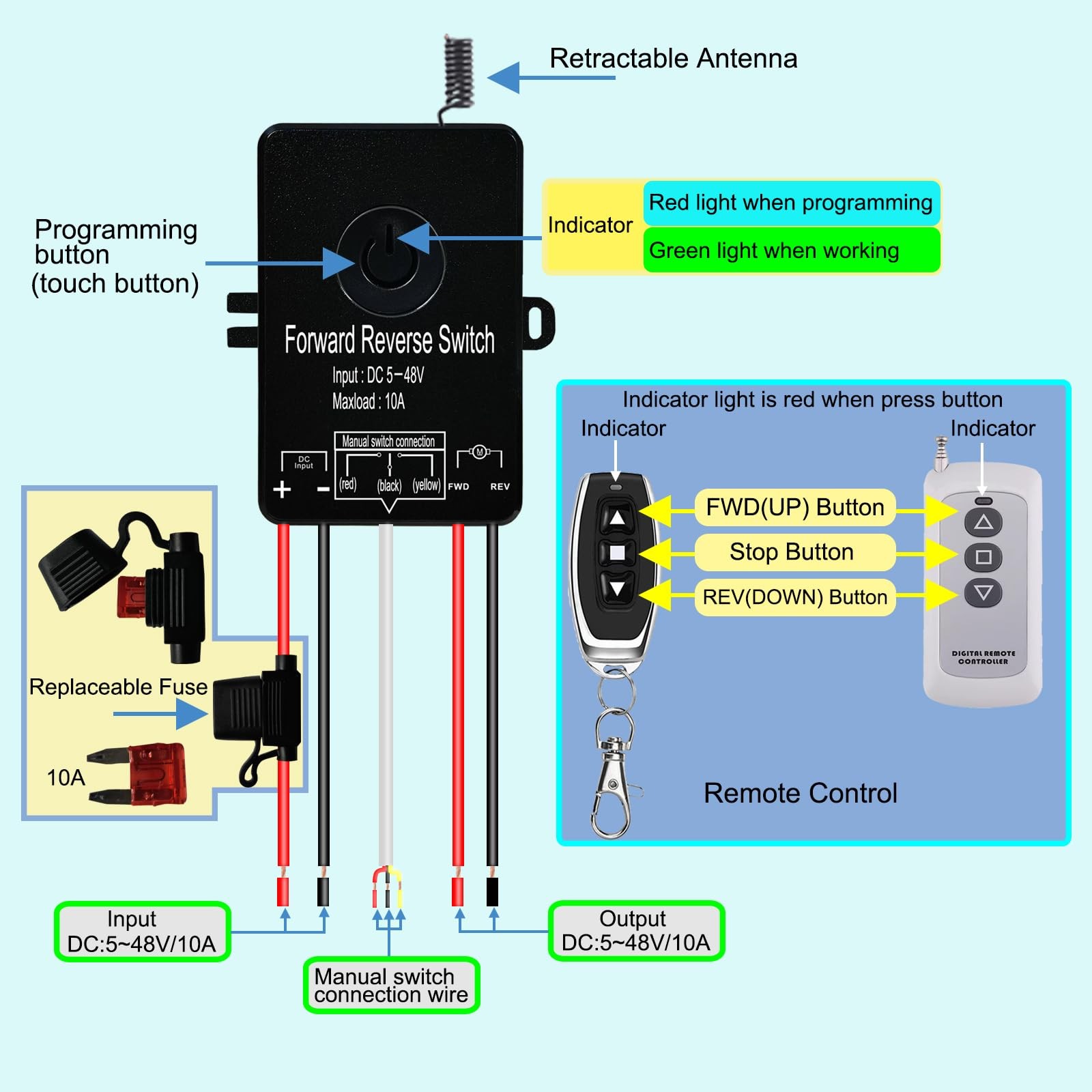 Waterproof Forward Reverse Remote Control Switch up to 168 FT,DC 5V to 48V /1...