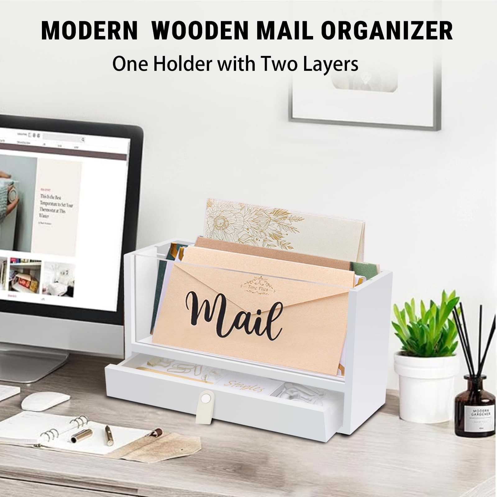 Two-Layer Solid Wooden Mail Storage Organizer Acrylic Drawer Leather Handle Gift