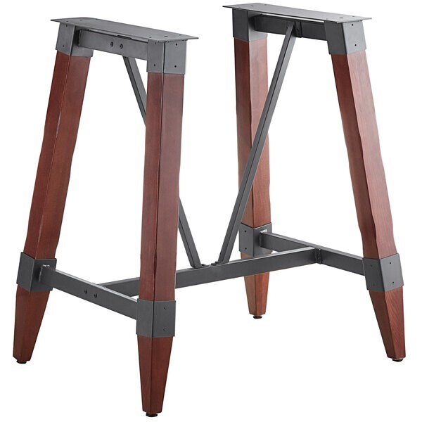 Industrial Style Bar Height Trestle Table Base with Steel Frame & Mahogany Wood