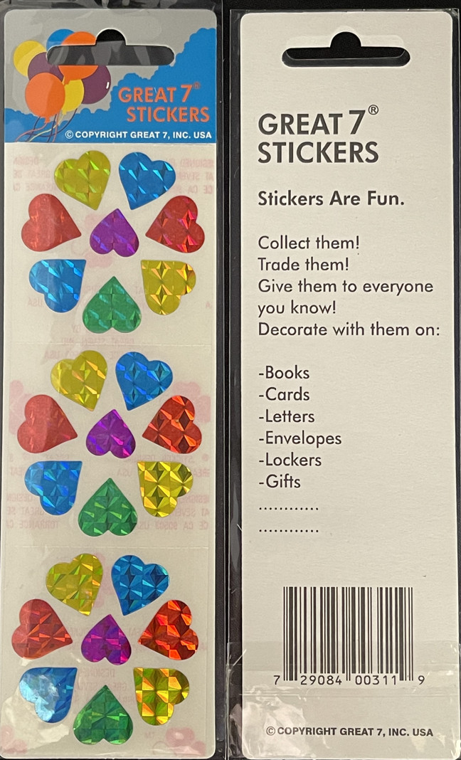 12 packages of Prismatic Heart Stickers, "Great 7" Sticker Designs, PPZ6021