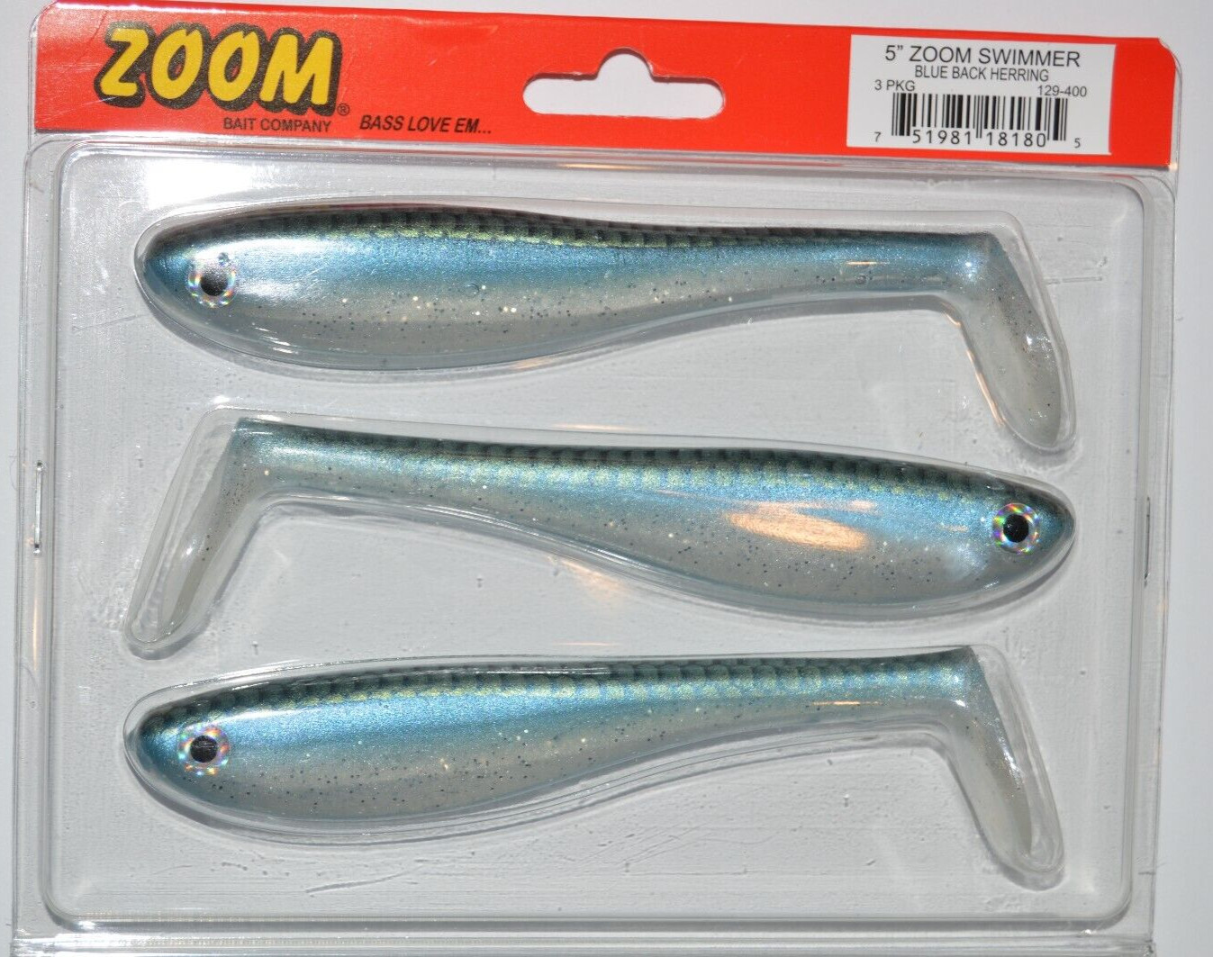 zoom 5" swimmer swimbait paddletail 3 per pack  129-400 blue back herring