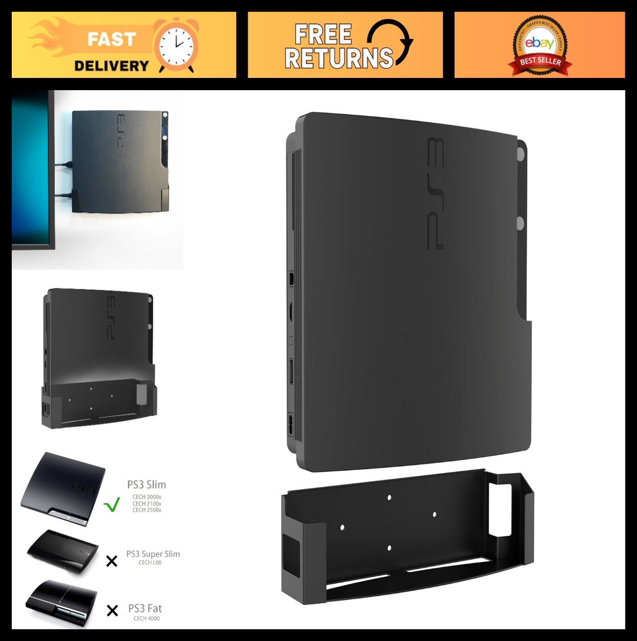 Wall Mount Bracket for PS3 Slim - Space Saving Steel Holder for PlayStation 3