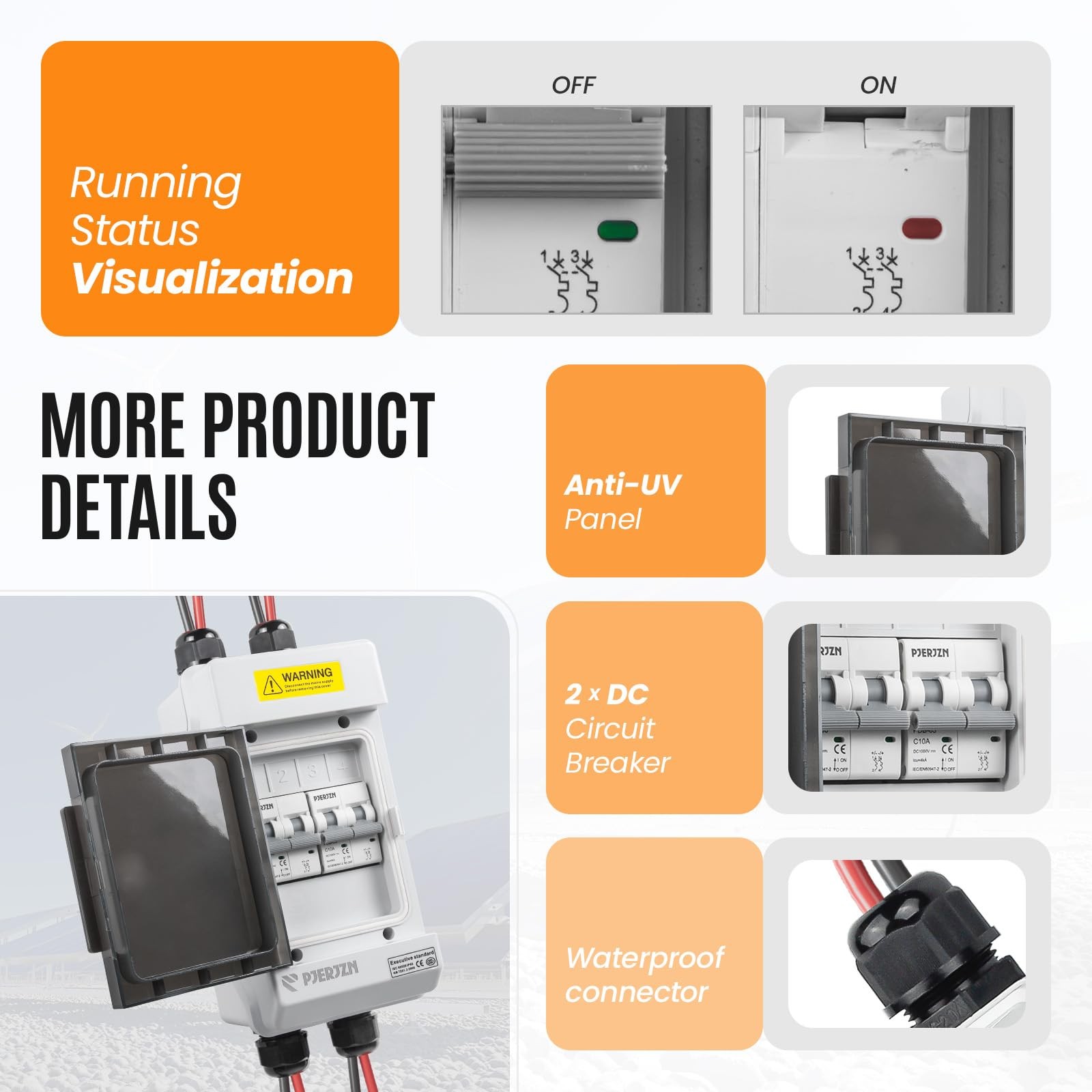Pjerjzn Solar Panels Disconnect Switch 10A 1000VDC PV Shut Off Switch 2 Strin...