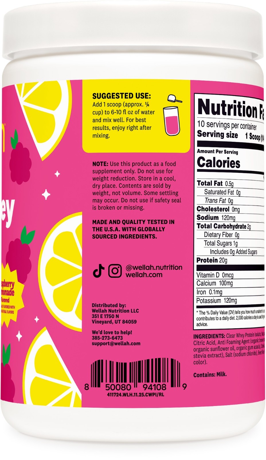 Wellah Clear Whey Protein Isolate Powder (Raspberry Lemonade) 10 Servings