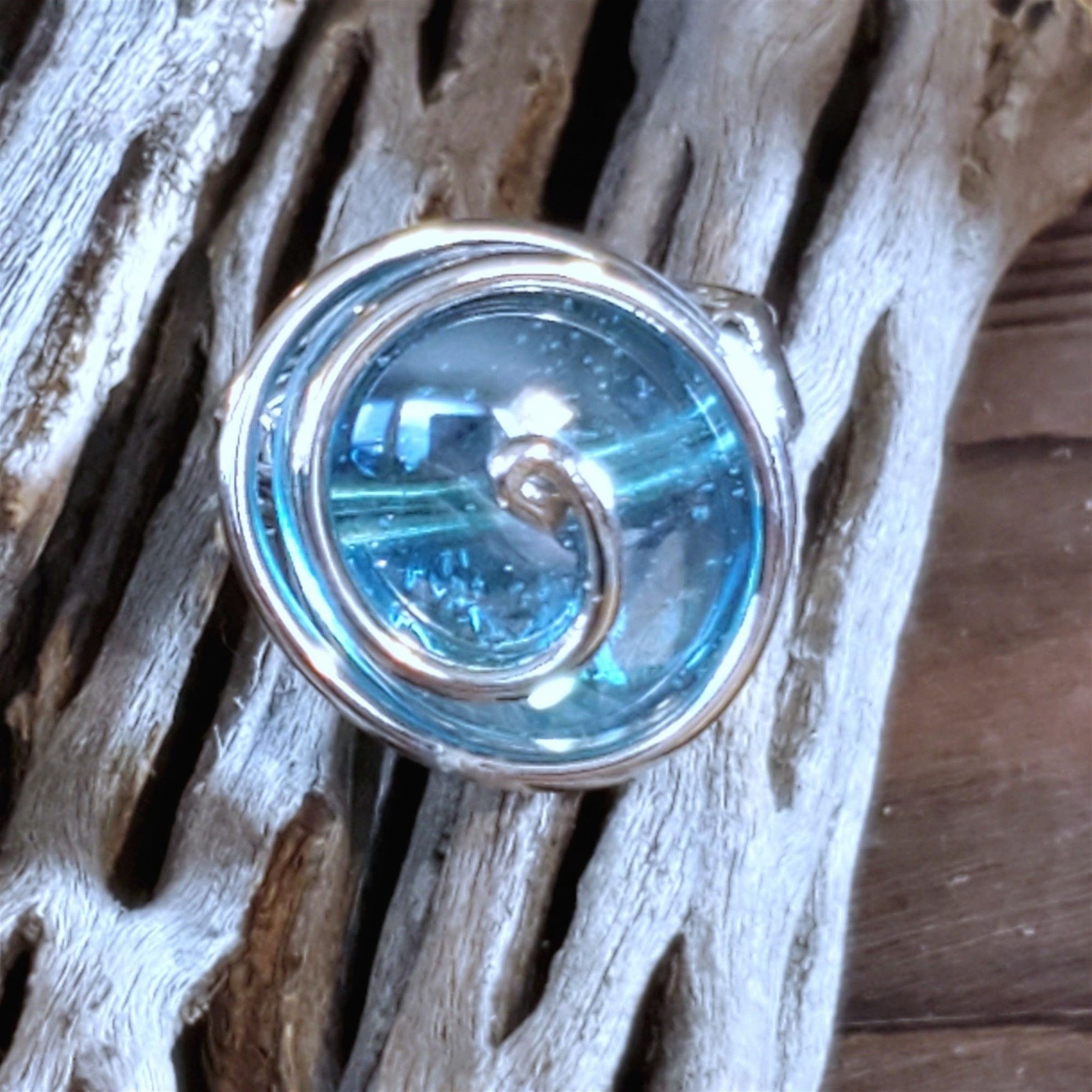 Handcrafted Edgy Turquoise Blue Luster Silver Spiral Luster Glass Bauble Ring