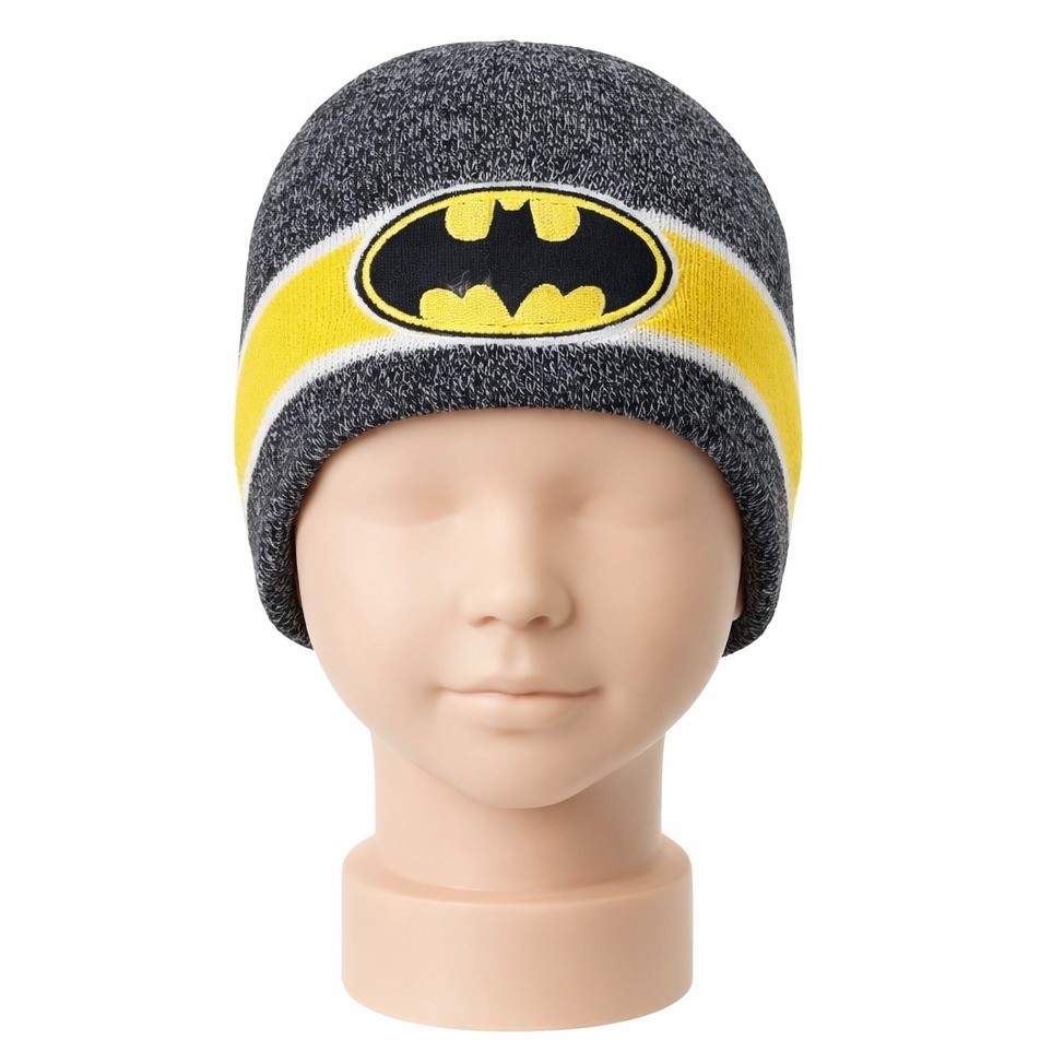 Batman Boys Beanie Hat Gray Black Yellow Knit Winter Youth Stretch EUC Warm