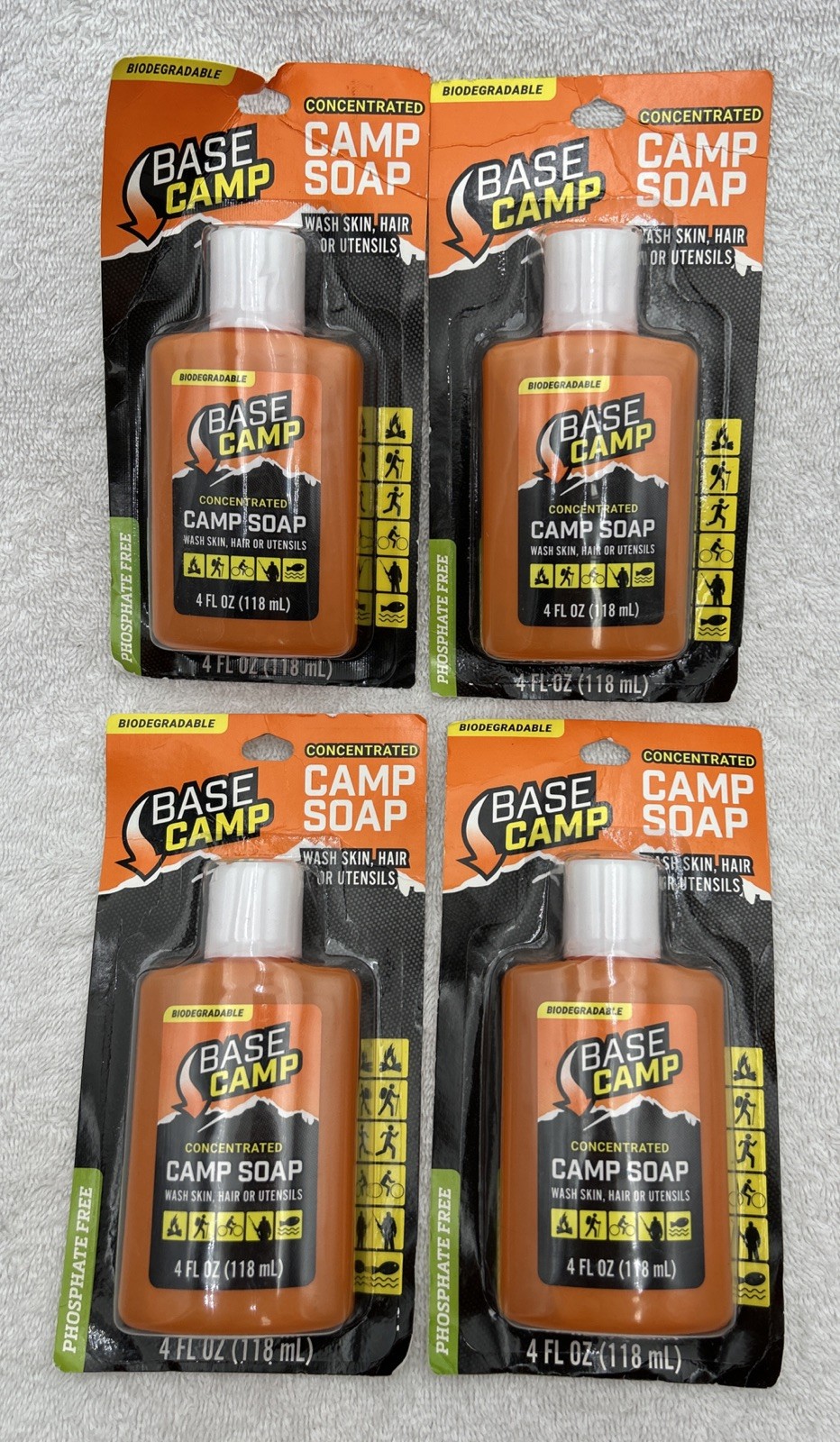 NEW 4x Base CAMP Biodegradable CAMP SOAP - 4oz BOTTLE Wash Skin, Hair, Utensils