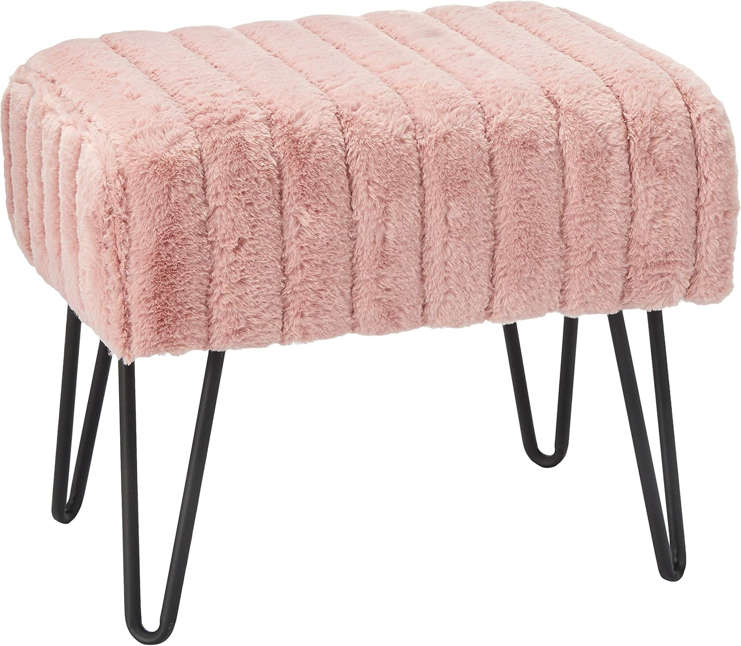 Super Mink Faux Fur Pink Ottoman Bench, 19" X 13" X 17", Rose Smoke, Living Room