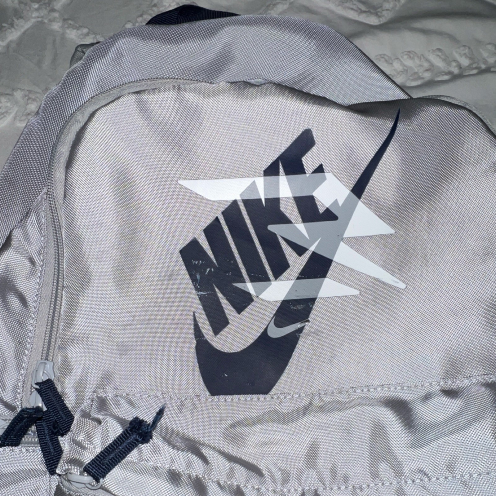 Nike Silver Navy Hiking Backpack Adjustable Straps Logo Synthetic Zipper