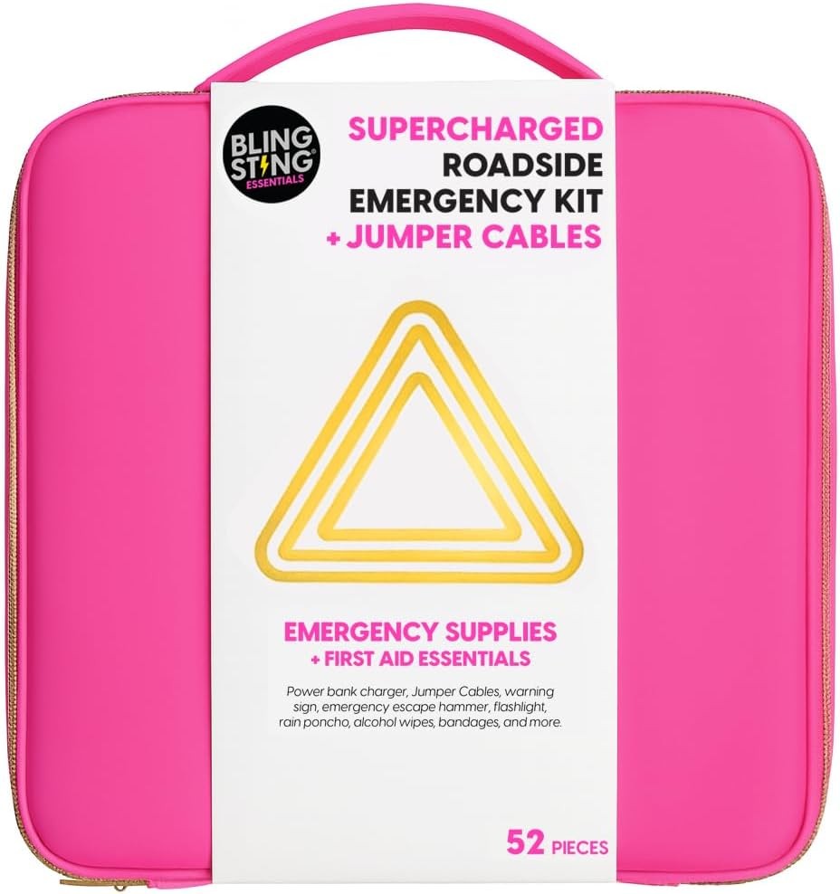 Supercharged Car Emergency Kit - 52-Piece Pink Roadside Safety Tools with Jumper
