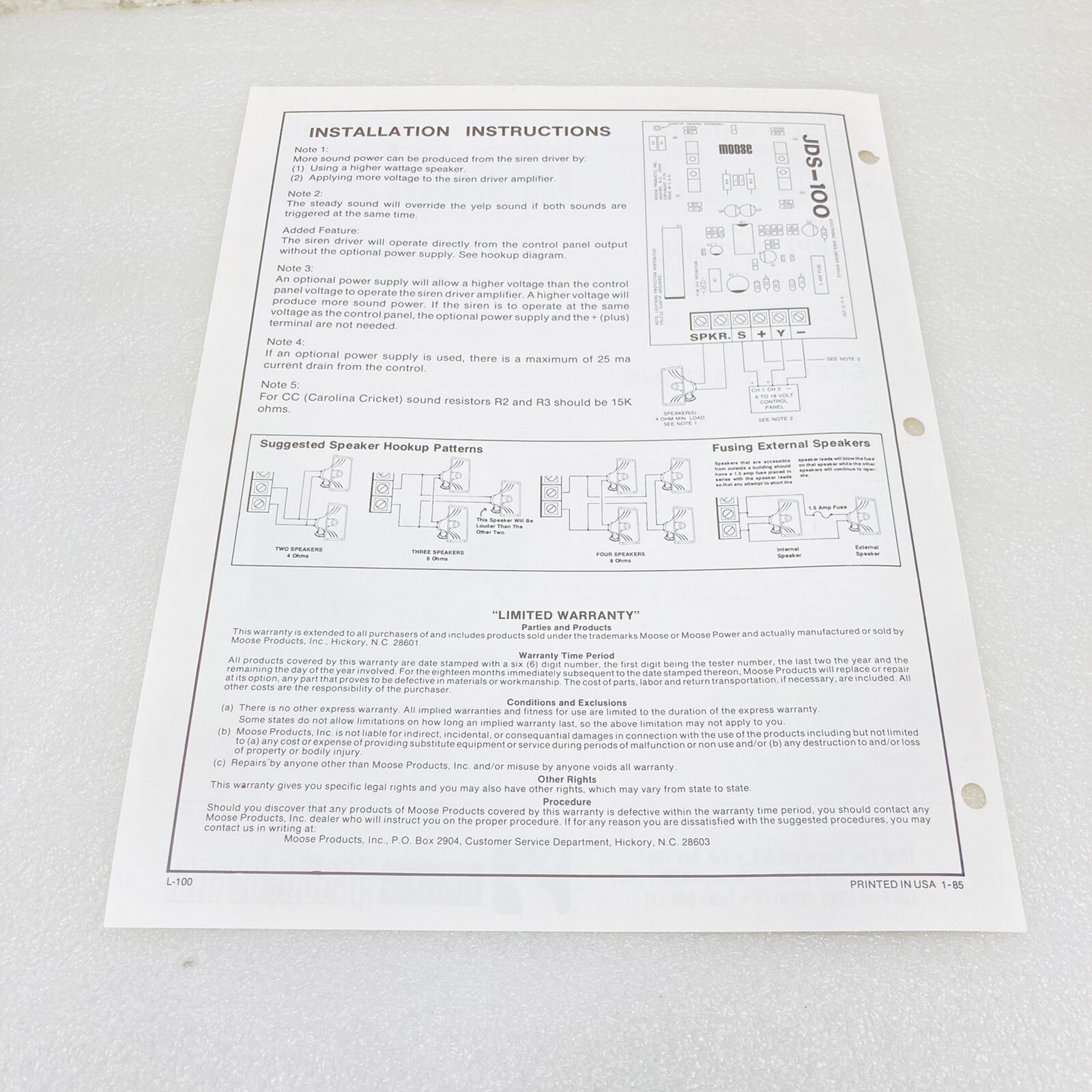 Moose JDS-100 High Power Siren Driver Specifications & Instructions Operations