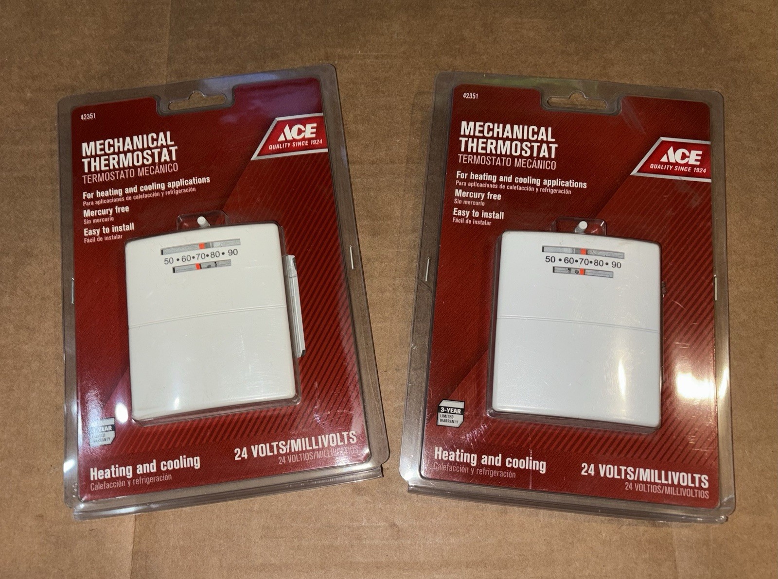 2 units ACE Mechanical Thermostat for Heating and Cooling 24 Volts Model 42351