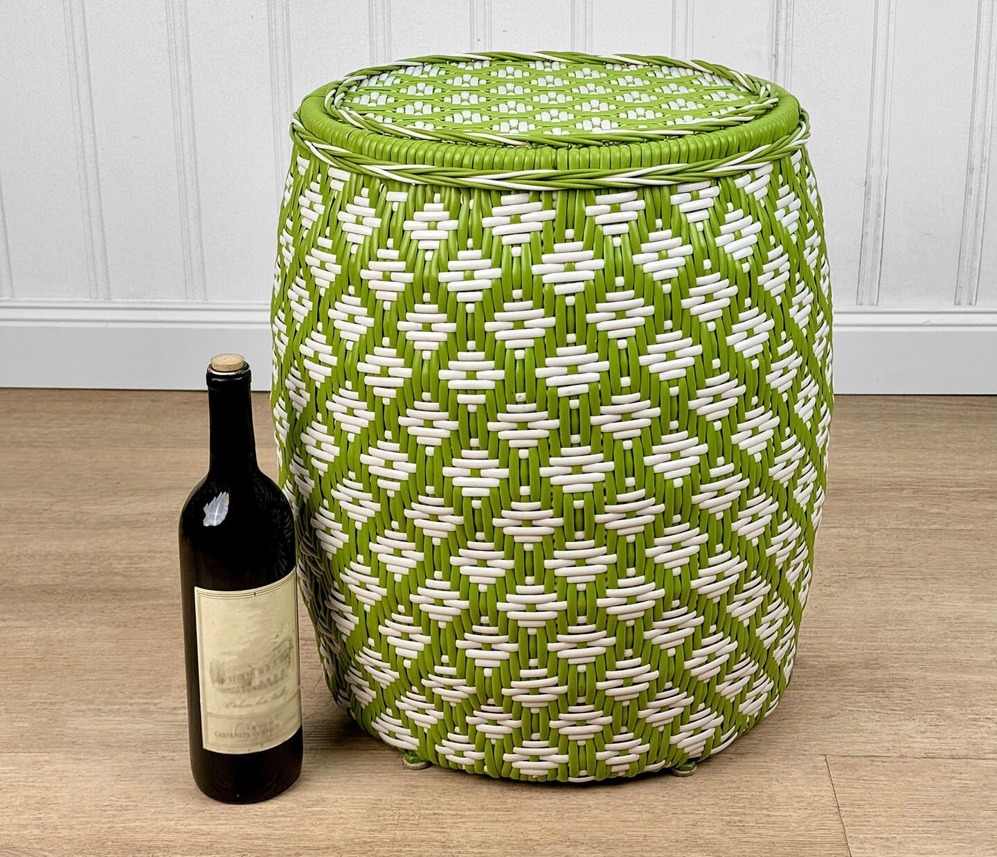 Vintage Boho Avocado Green & White Argyle Faux Wicker Garden Stool