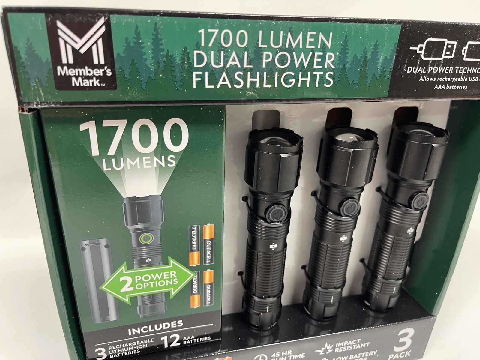 3 Pack Member’s Mark 1700 Lumen Dual Power LED Flashlight Set Rechargeable & AAA