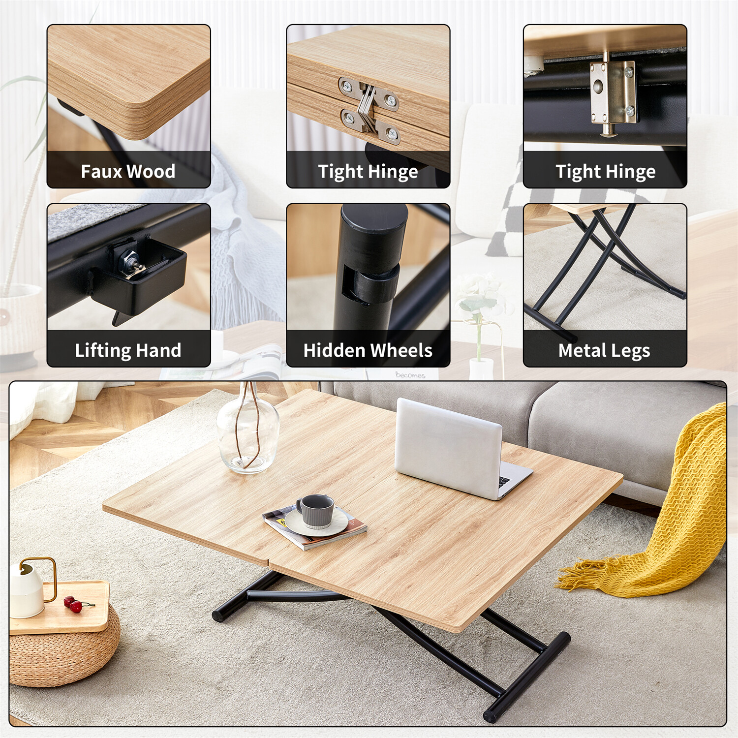 Modern Dining Table Wood Table Kitchen Dining Table with Metal Legs For 4 Person