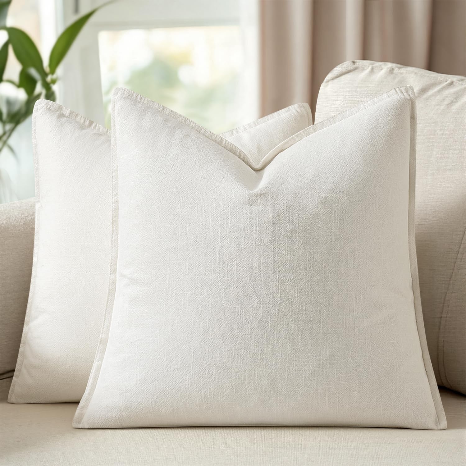 26x26 Inch Linen Solid Euro Throw Pillow Covers Set of 2 Cream White | Decora...