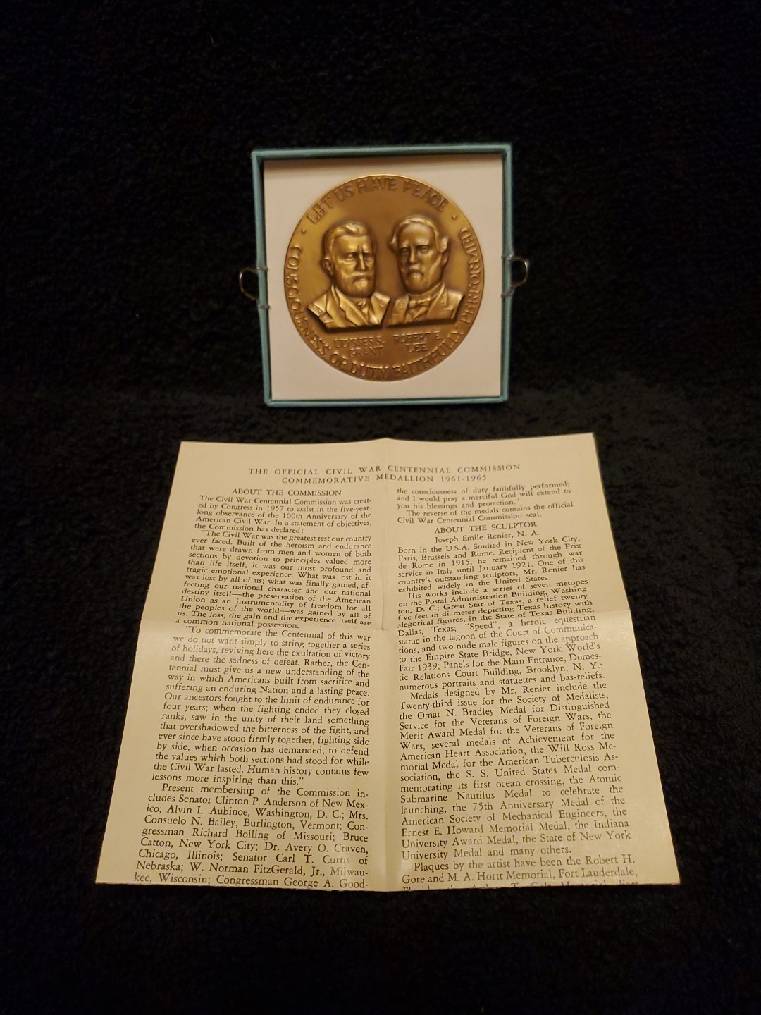 1961-1965 Civil War Centennial Commission Commemorative Medallion w/Document