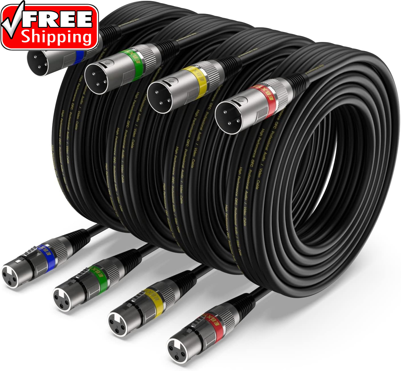 XLR Cable 15Ft 4 Packs - Premium Balanced DMX Cable with 3-Pin XLR Male to Femal