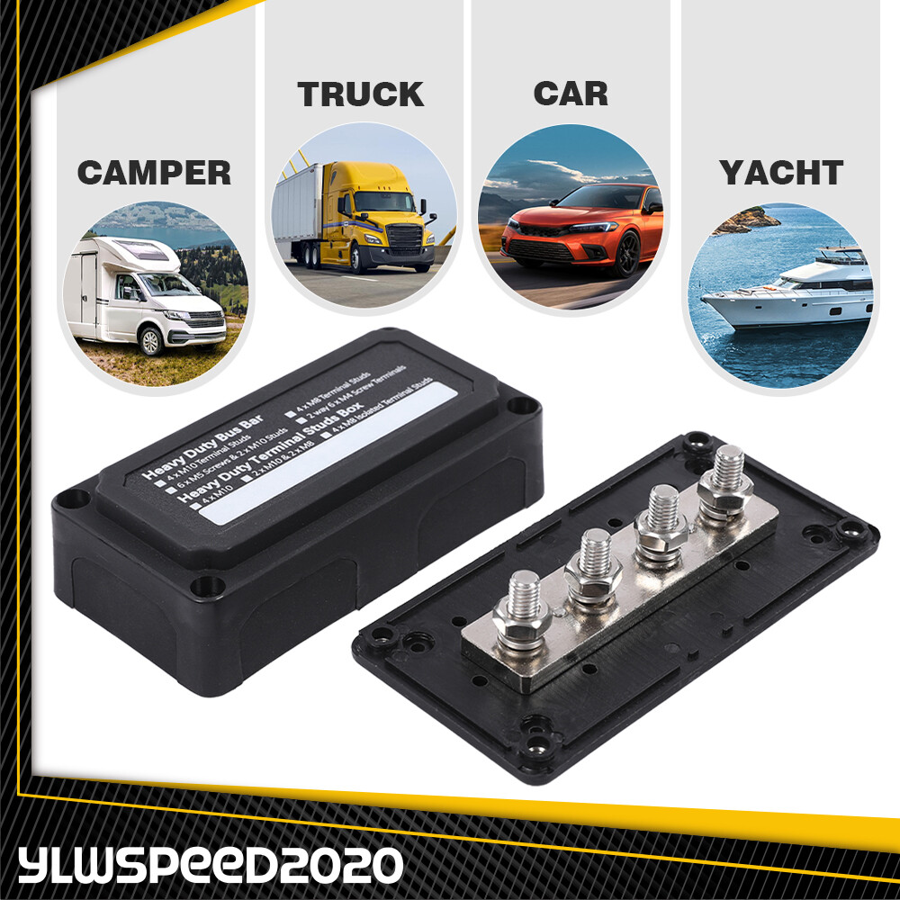 Heavy Duty 4 Way Bus Bar/Power Distribution Box Terminal Studs 300A 48V DC Black