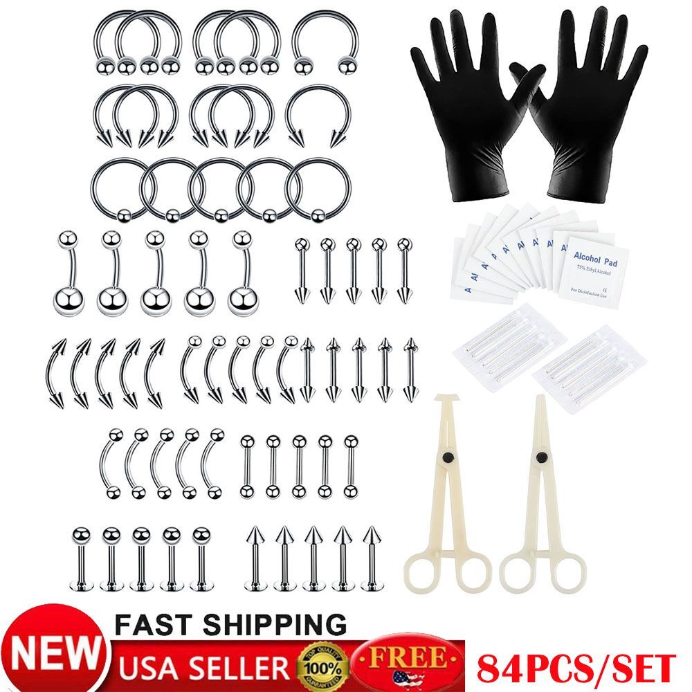 84Pcs Professional Body Piercing Tool Kit Ear Lip Tongue Nose Navel Nipple Rings