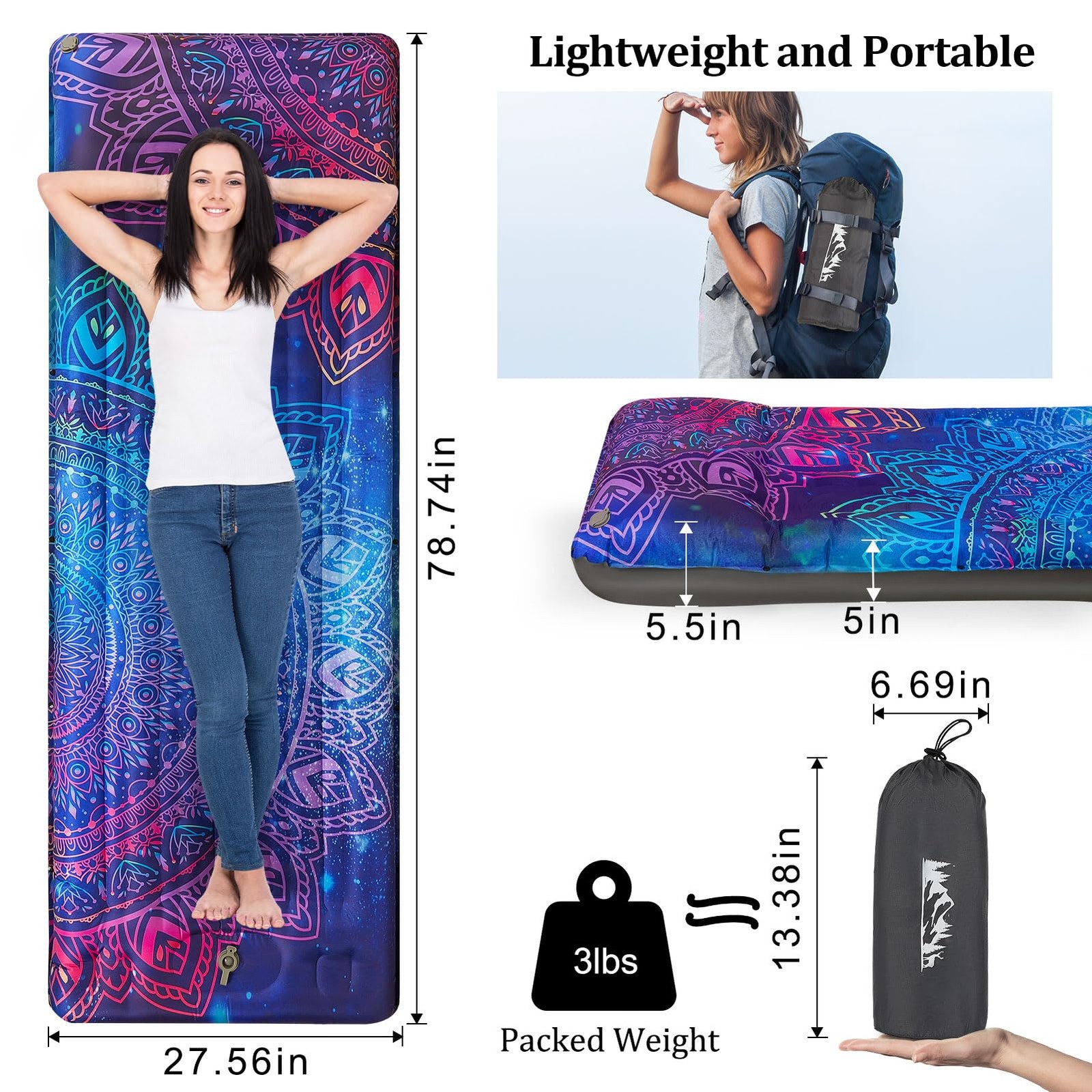 Camping Sleeping Pad Extra Thick 5 Inch Inflatable Camping Pad with Pillow Sl...