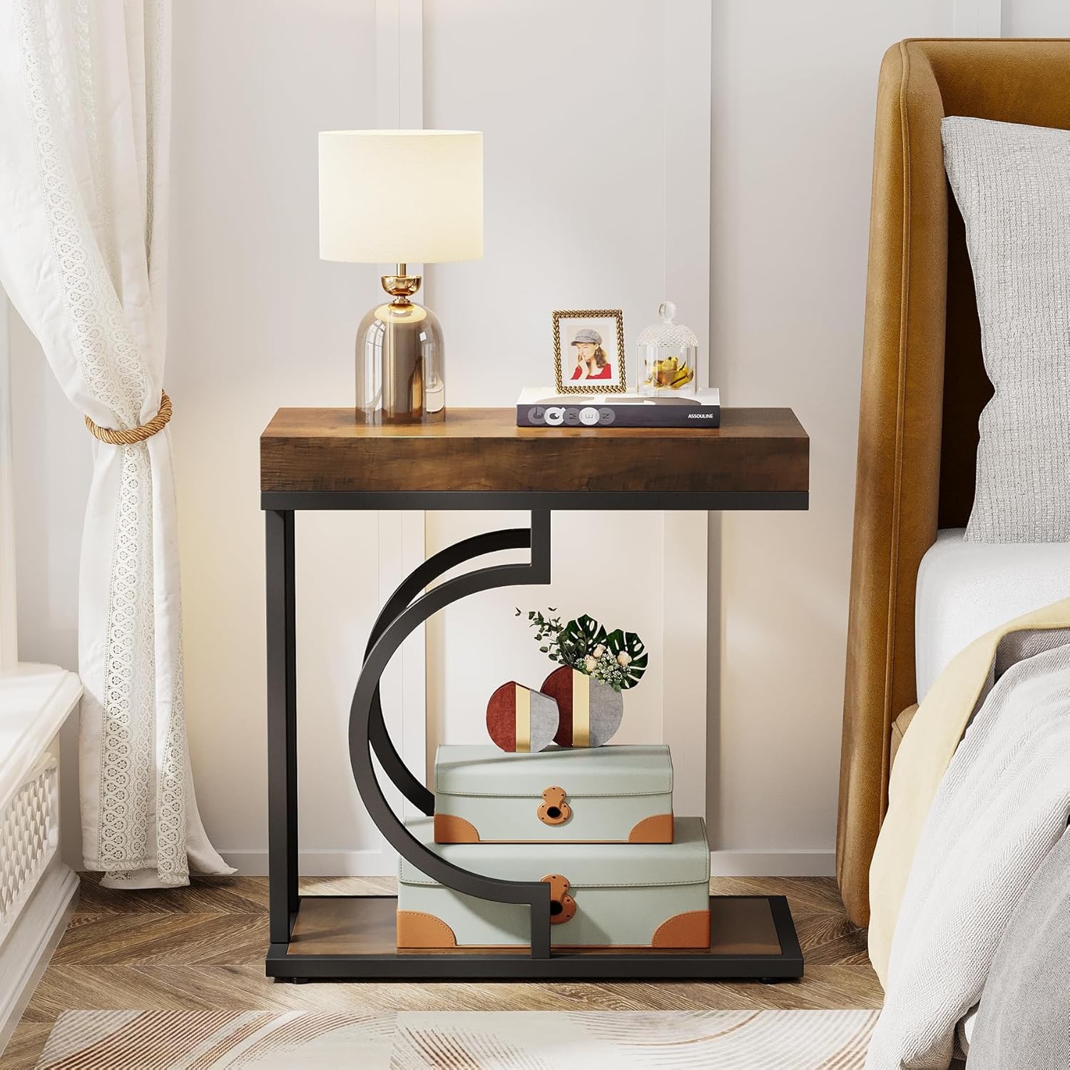 Side Table Set of 2 Narrow C-Shaped End Table Modern Bedside Table for Couch