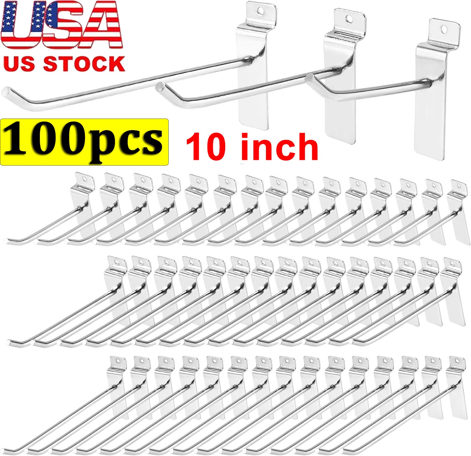 100 Pack 10 Inch Slatwall Hooks Metal Gridwall Display Hangers Silver