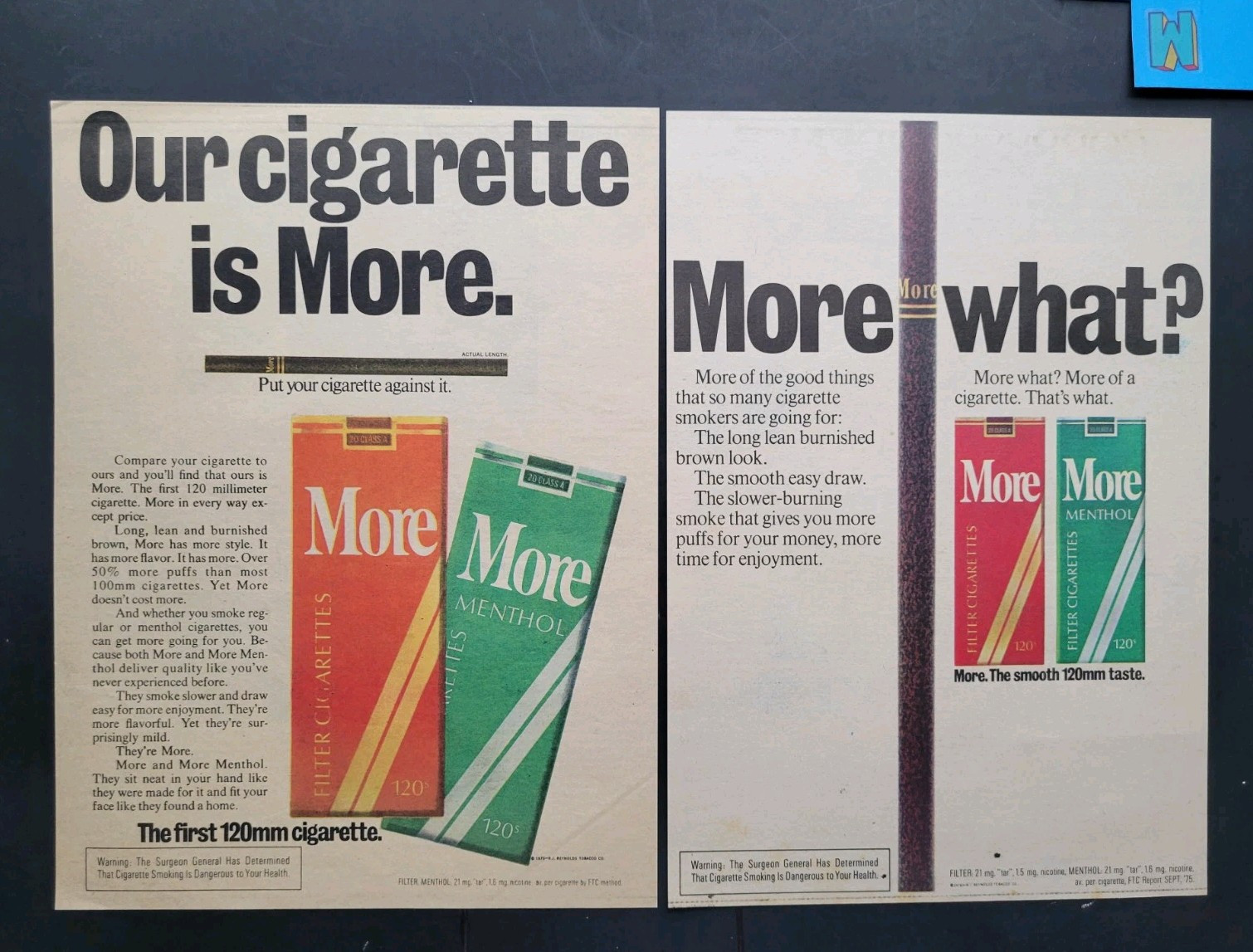 More Cigarettes Lot Of 2 Promo Print Advertisements Circa 1975