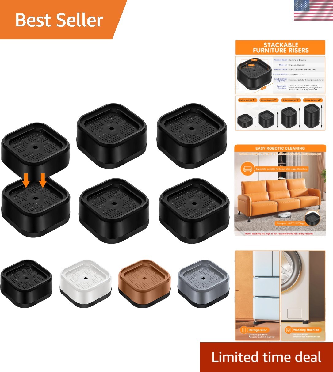 Non-Slip Adjustable Furniture Risers - Stackable 1-Inch Height Enhancers, 4 Pack