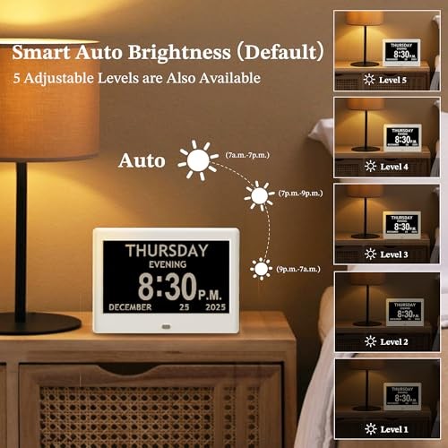 7'' Dementia Clock For Seniors, Large Display Digital Clock With Date, 7" White