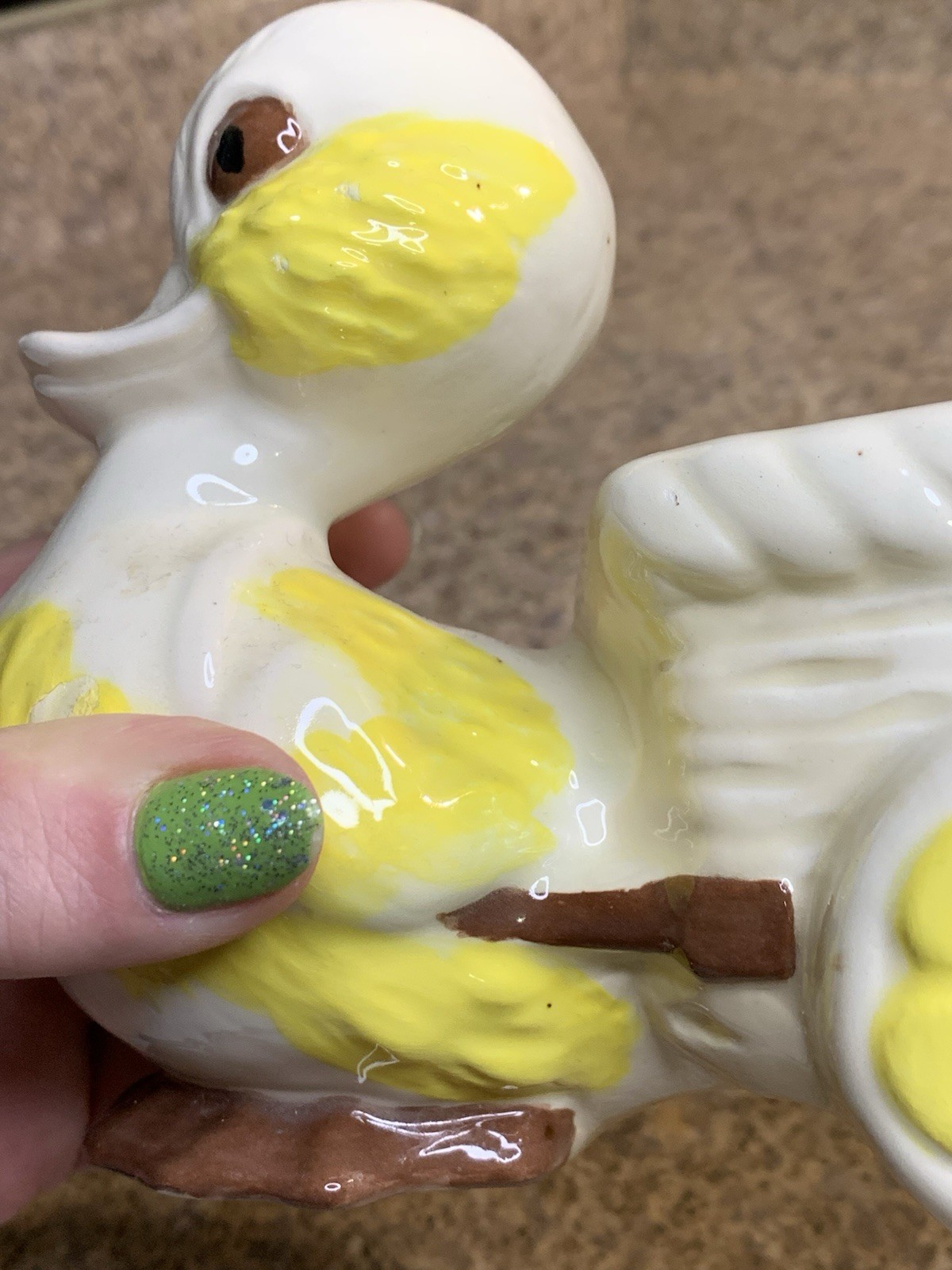 Vtg MCM Glazed Ceramic Duck Pulling Cart Planter - READ