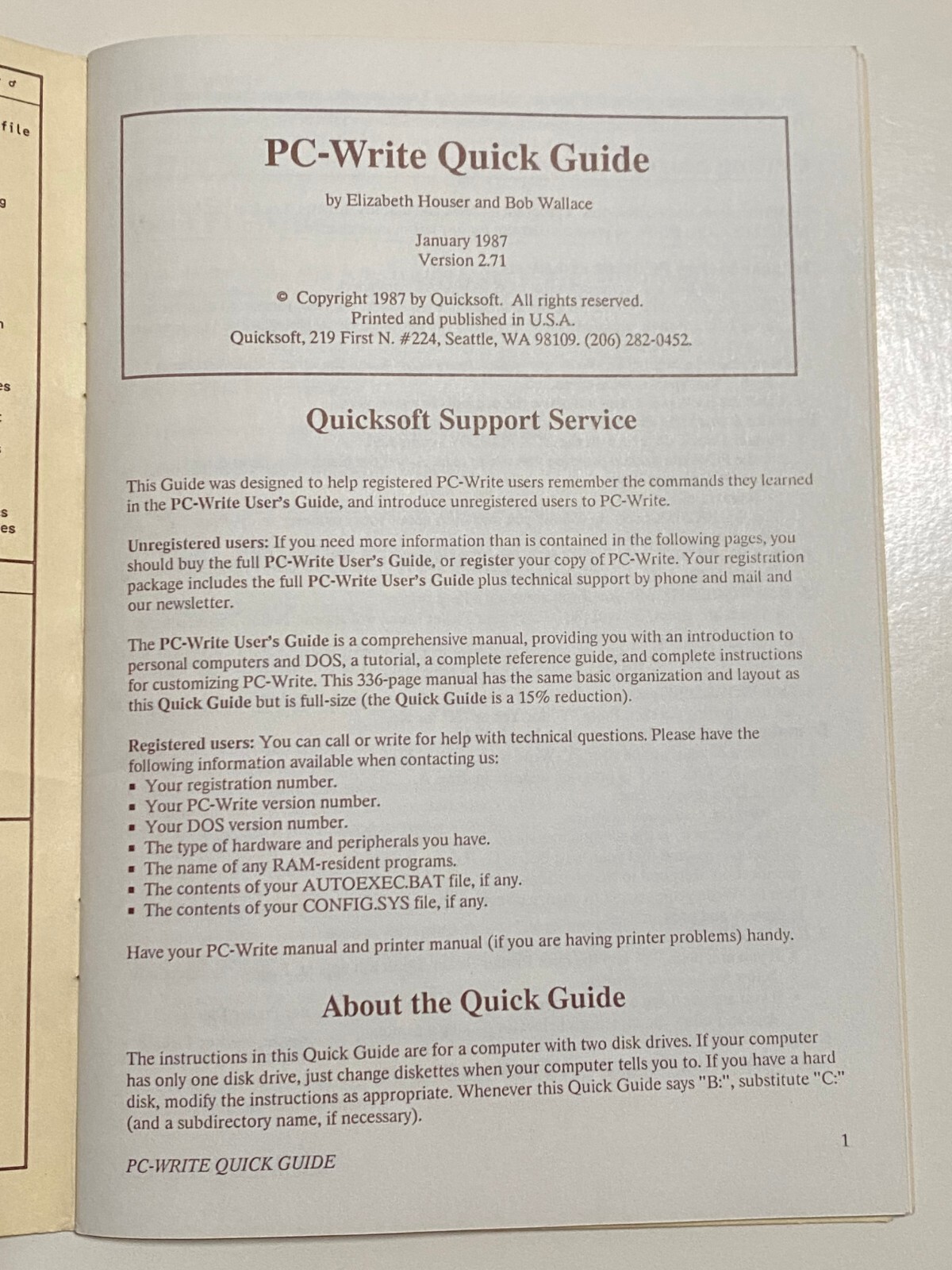 Rare Vintage 1987 Quicksoft PC-Write Version 2.71 Computer Software Quick Guide