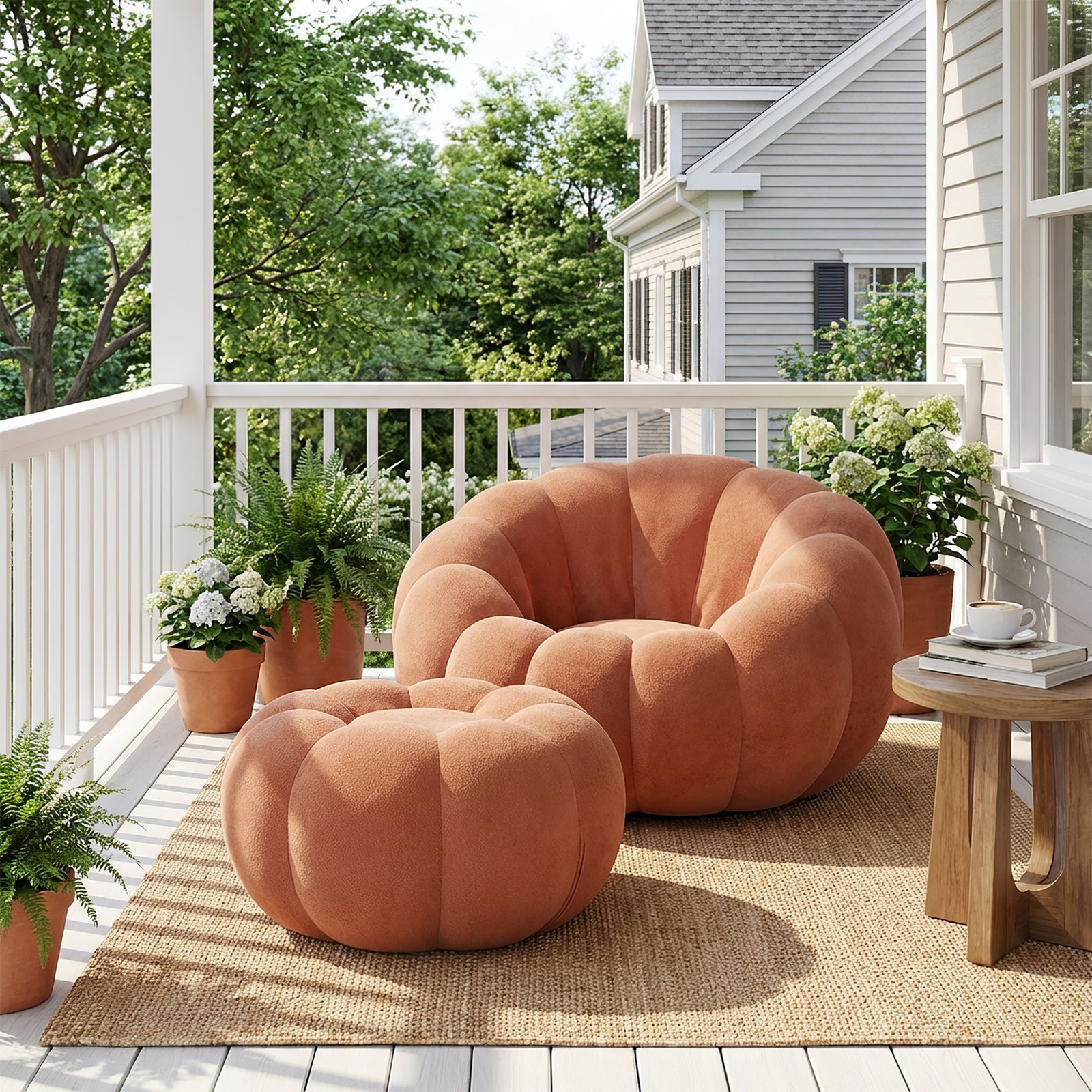 Pumpkin Shape Lounge Chair & Footstool - Brown