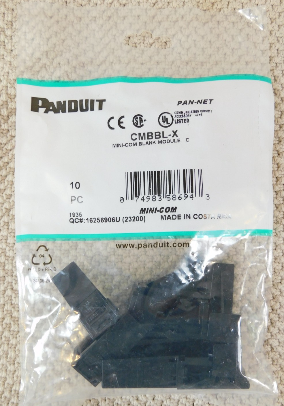 CMBBL-X Mini-Com 1-Port Blank Module, Black - 10 Pack
